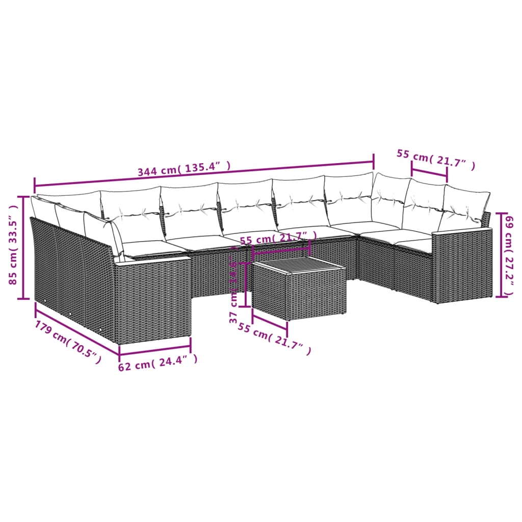 10-teiliges Gartensofa-Set mit Kissen, schwarzes Polyrattan