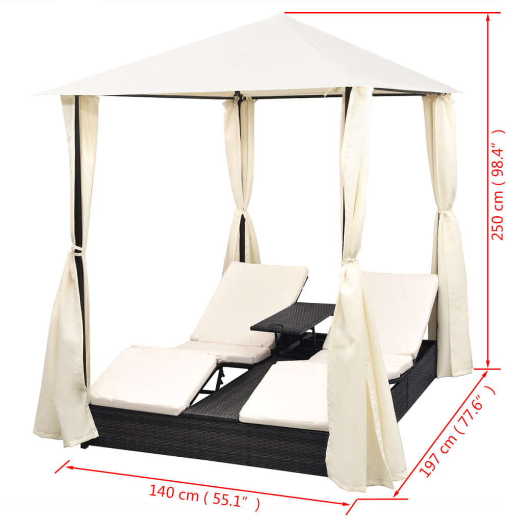 Doppel-Sonnenliege mit Vorhang Poly Rattan Braun