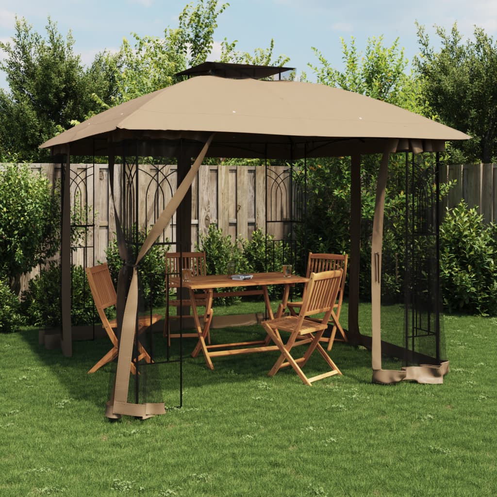 Pavillon mit Doppeldach & Netzwänden Creme 2,94x2,94 m Stahl