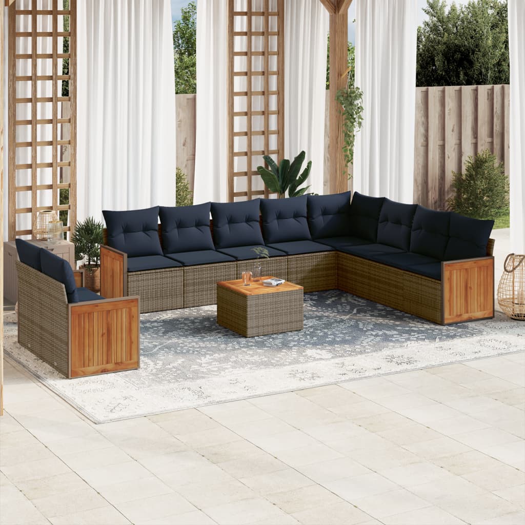 10-teiliges Gartensofa-Set mit Kissen, schwarzes Polyrattan