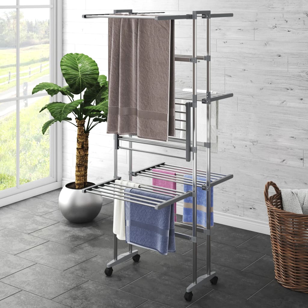 Wäscheständer 2 Etagen mit Rollen Silbern 60x70x106 cm