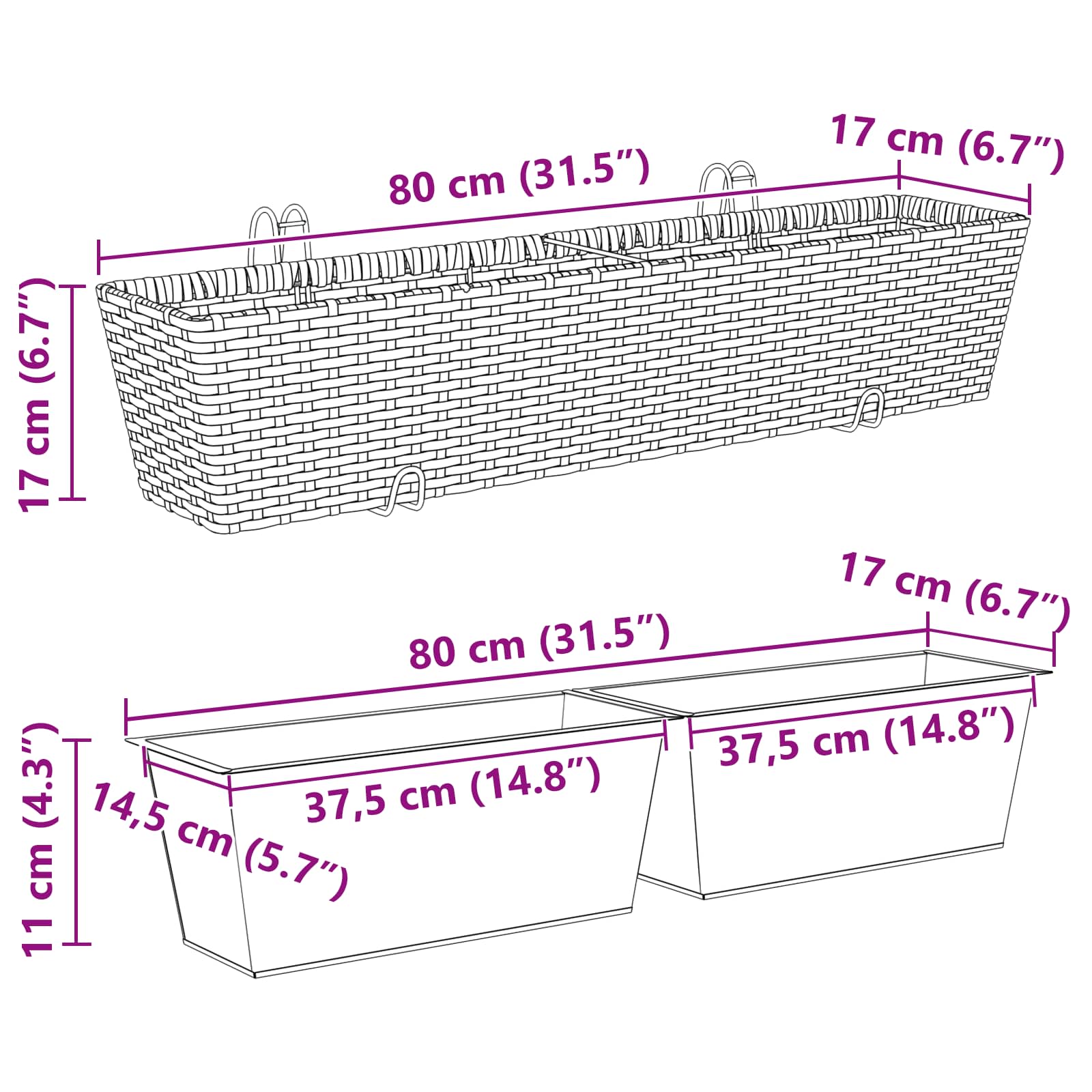Balkon 2 pcs Schwarz 50 x 17 x 17 cm Metall