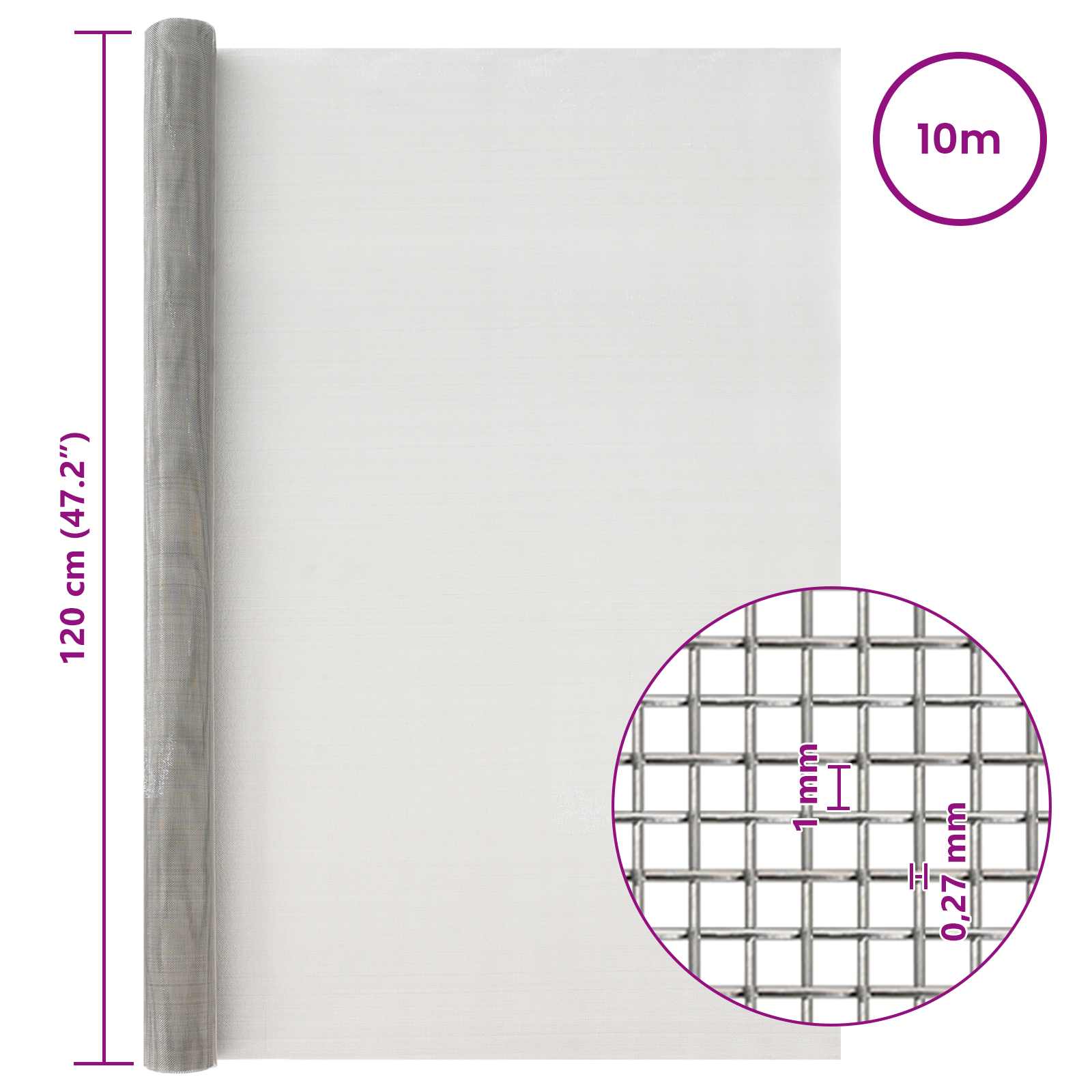 Mesh Bildschirm 20 x 500 cm 20 Mesh Edelstahl 201 Silber