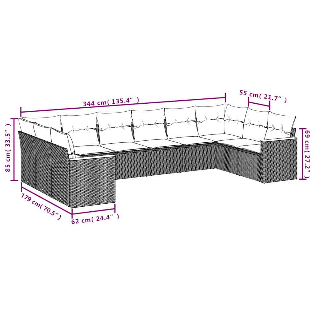 10-teiliges Gartensofa-Set mit Kissen, schwarzes Polyrattan