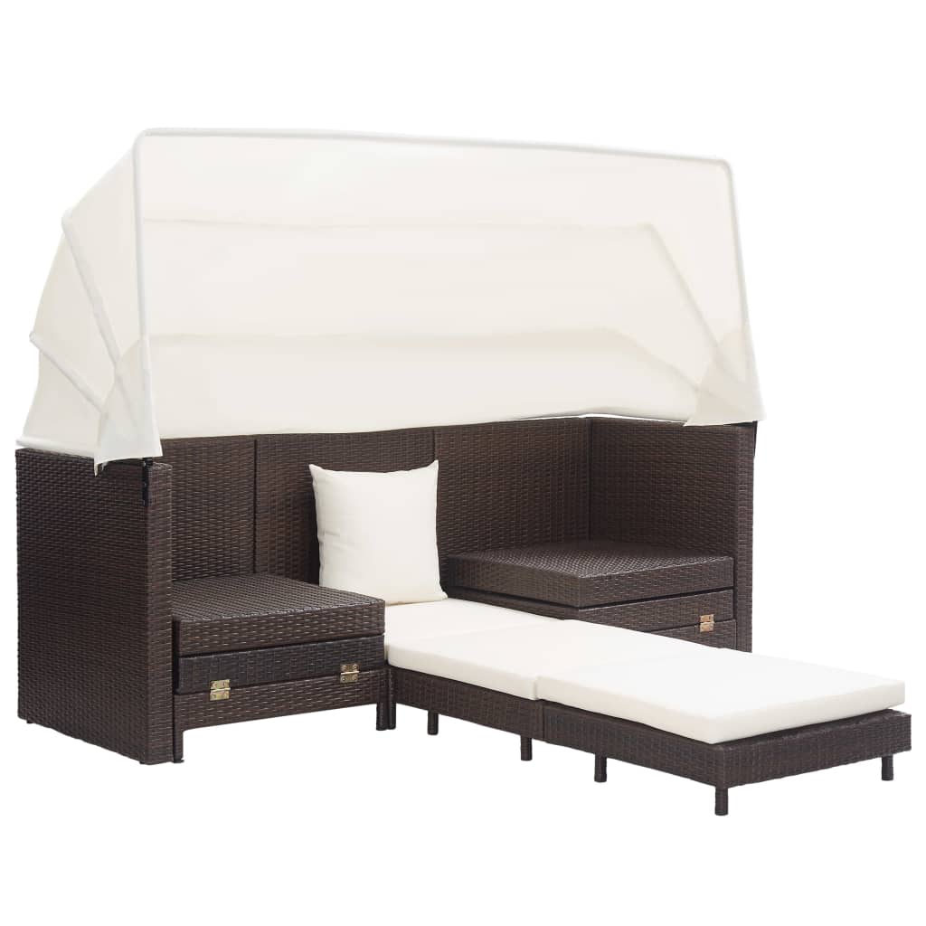 Ausziehbares 3-Sitzer-Schlafsofa mit Dach Poly Rattan Schwarz