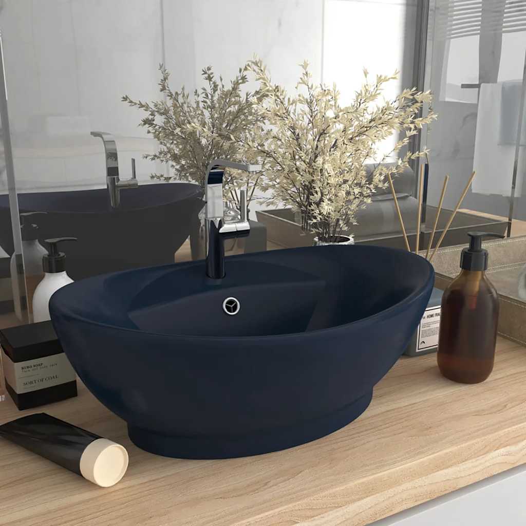 Luxus-Waschbecken Überlauf Oval Matt-Weiß 58,5x39 cm Keramik