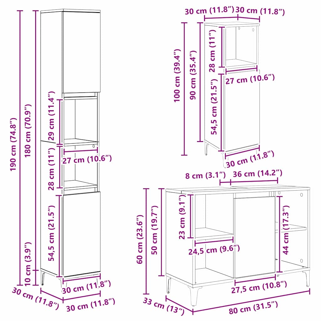 3-tlg. Badmöbel-Set Räuchereiche Holzwerkstoff