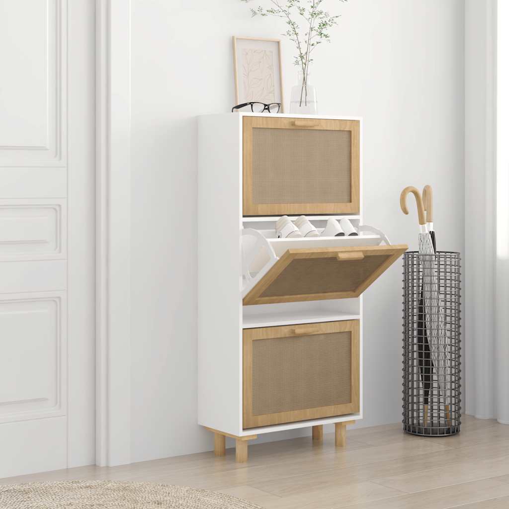 Schuhschrank Weiß 52x25x115 cm Holzwerkstoff & Rattan Natur