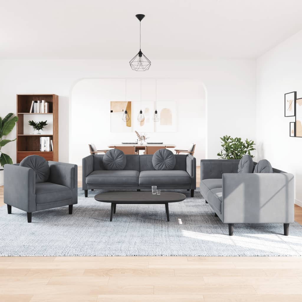 3-tlg. Sofagarnitur mit Kissen Creme Samt