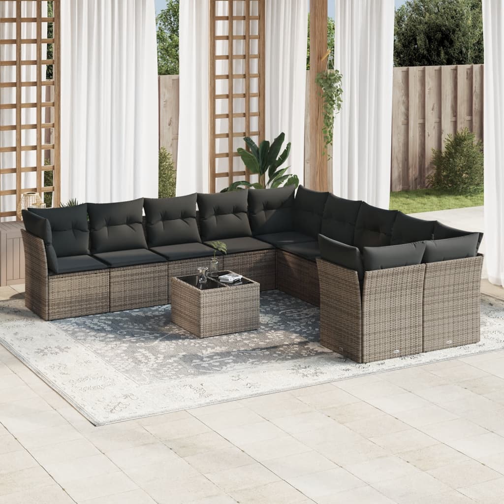 10-tlg. Garten-Sofagarnitur mit Kissen Schwarz Poly Rattan