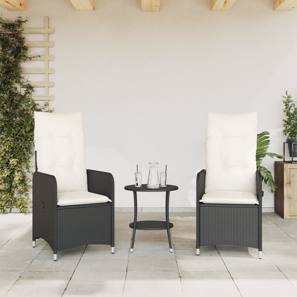 Gartensessel Verstellbar mit Kissen Schwarz Poly Rattan