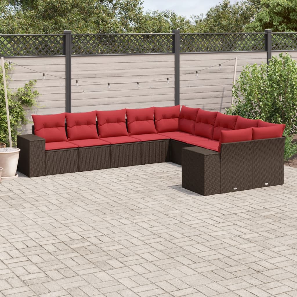 10-teiliges Gartensofa-Set mit Kissen, schwarzes Polyrattan