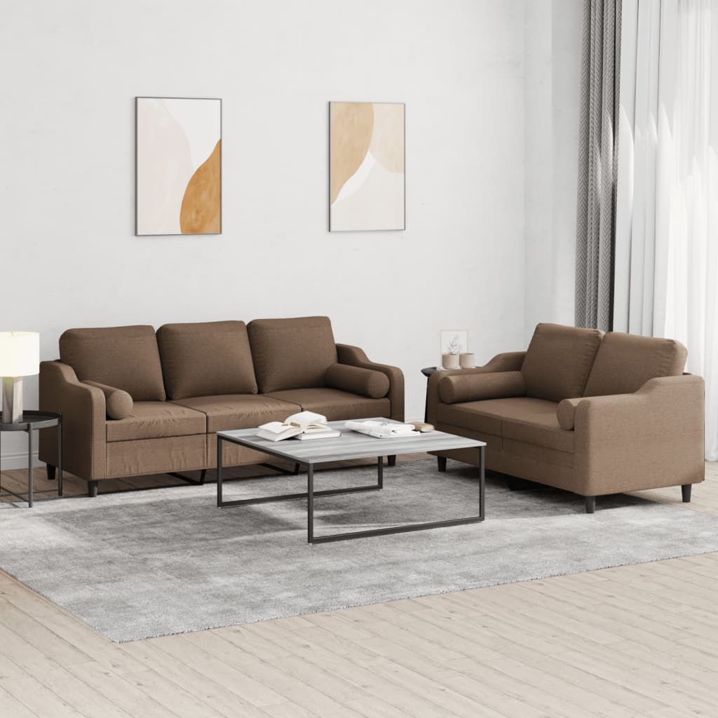 3-tlg. Sofagarnitur mit Kissen Braun Stoff