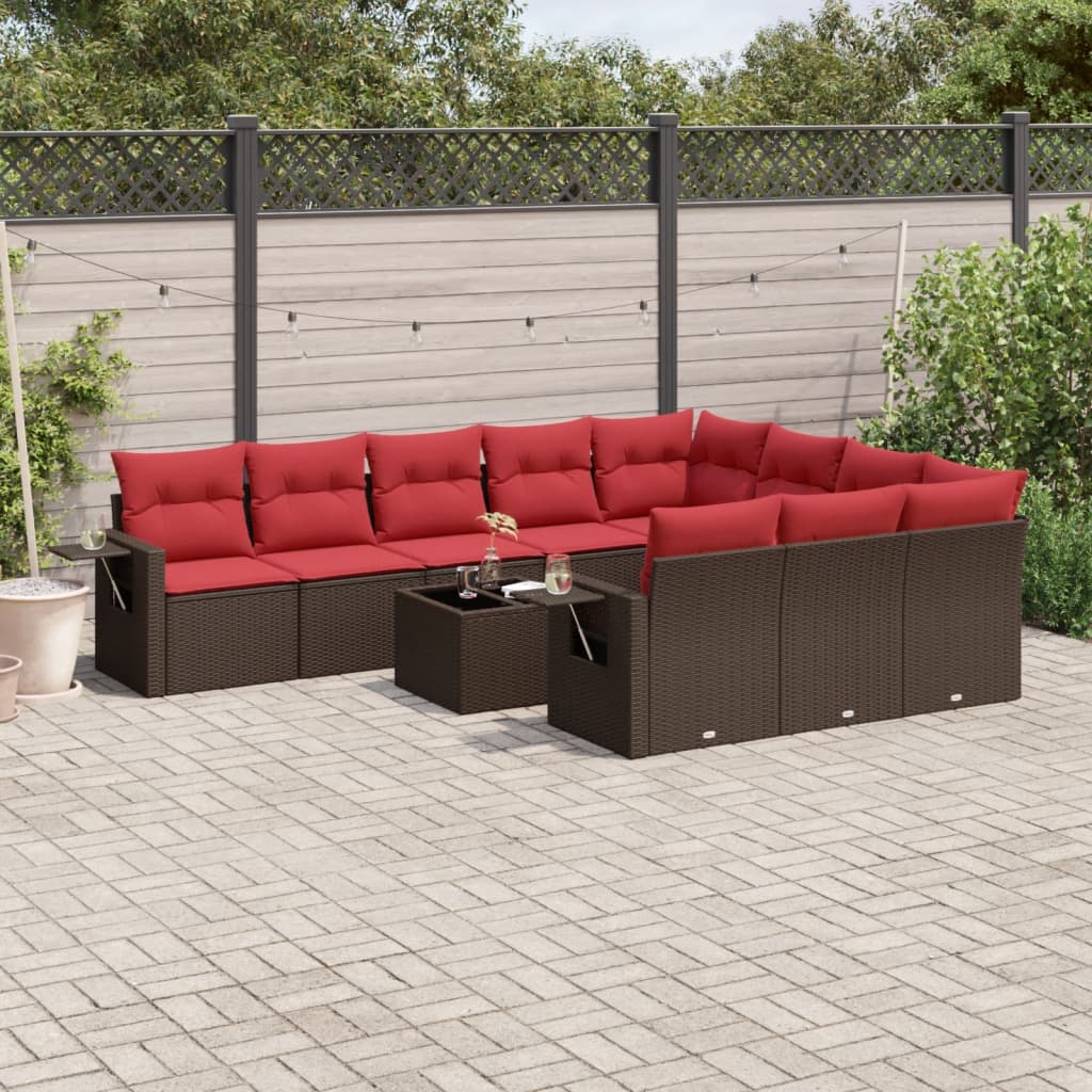 10-teiliges Gartensofa-Set mit Kissen, schwarzes Polyrattan