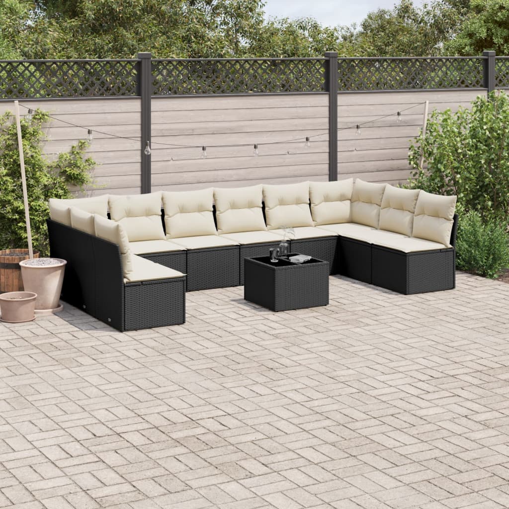 10-tlg. Garten-Sofagarnitur mit Kissen Schwarz Poly Rattan