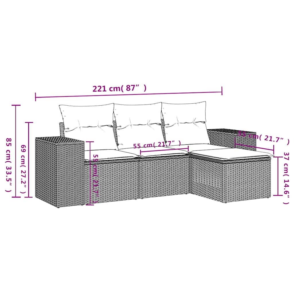 4-tlg. Garten-Sofagarnitur mit Kissen Schwarz Poly Rattan