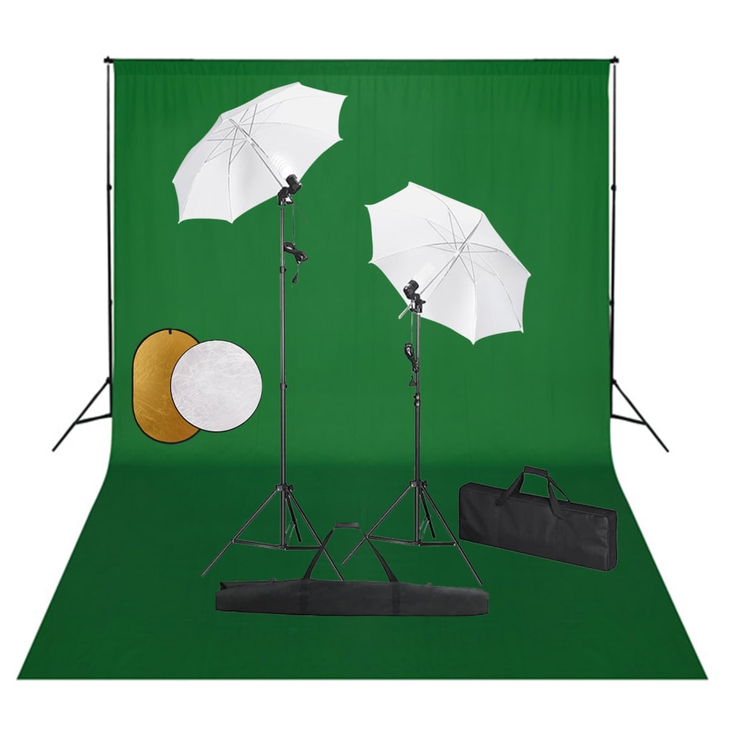 Fotostudio-Set mit Leuchten, Schirmen, Hintergrund, Reflektor