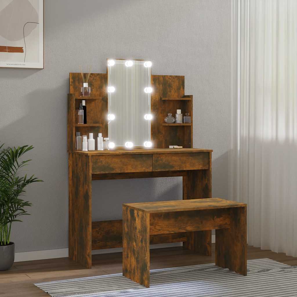 Schminktisch-Set mit LED Weiß Holzwerkstoff