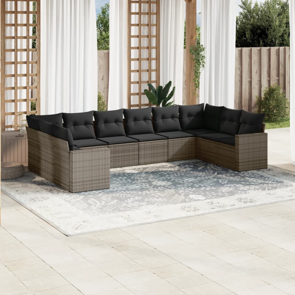 10-tlg. Garten-Sofagarnitur mit Kissen Schwarz Poly Rattan