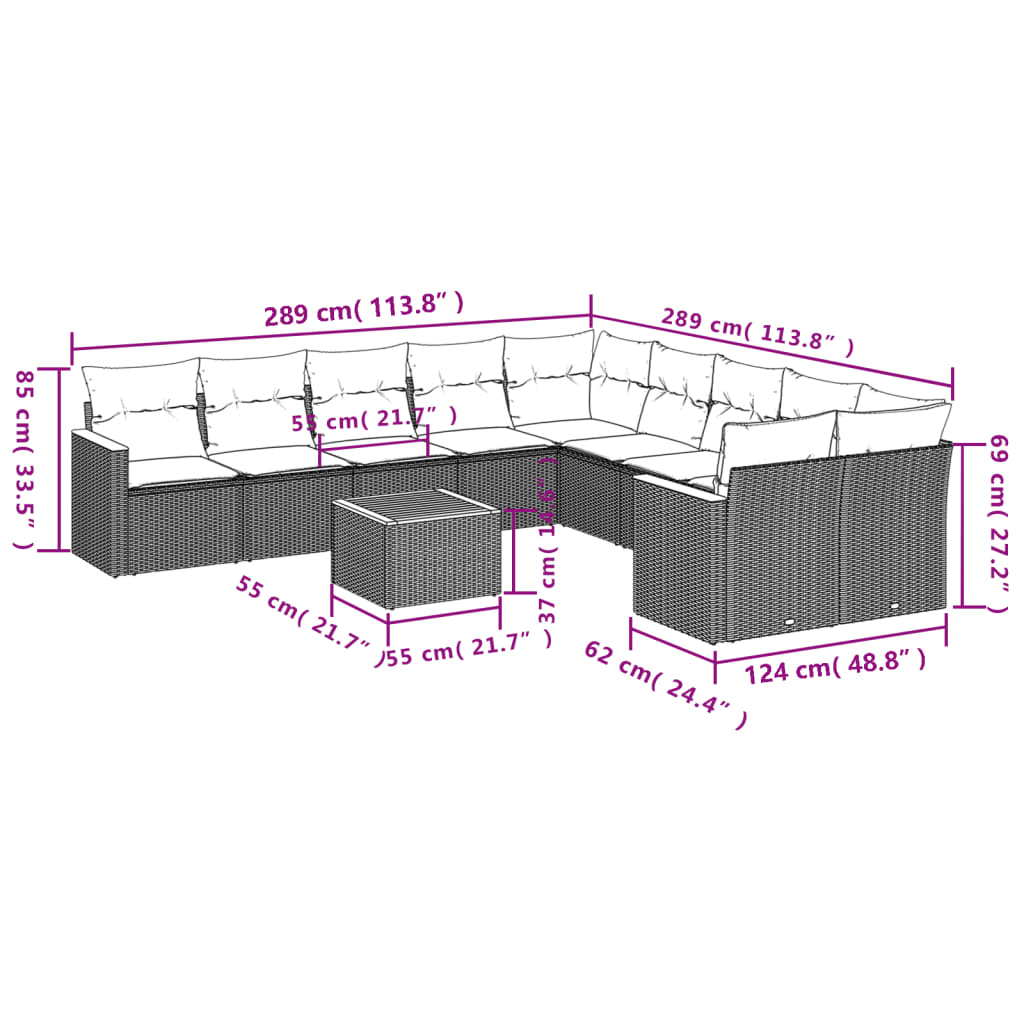 10-tlg. Garten-Sofagarnitur mit Kissen Schwarz Poly Rattan