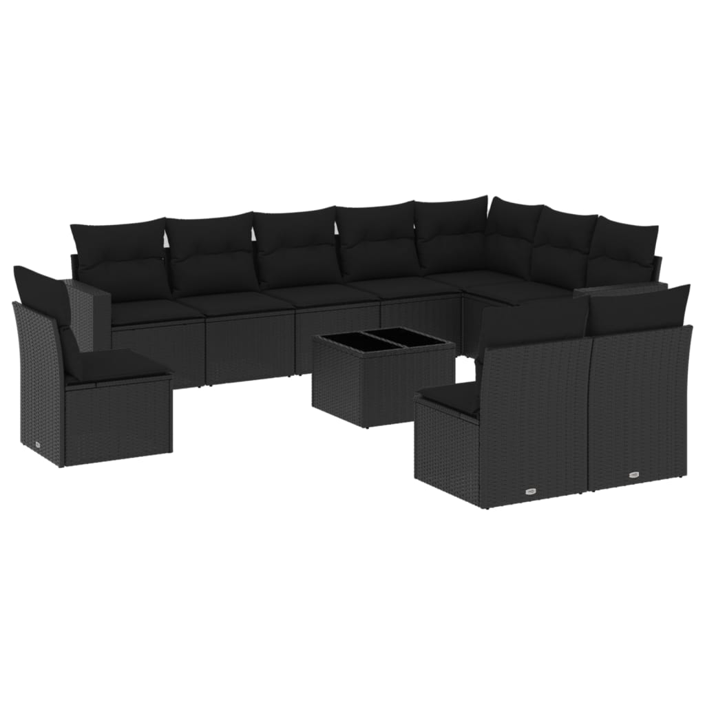 10-tlg. Garten-Sofagarnitur mit Kissen Schwarz Poly Rattan