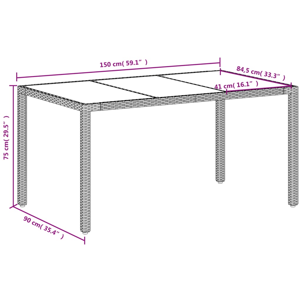 Gartentisch 150x90x75 cm Hartglas und Poly Rattan Schwarz