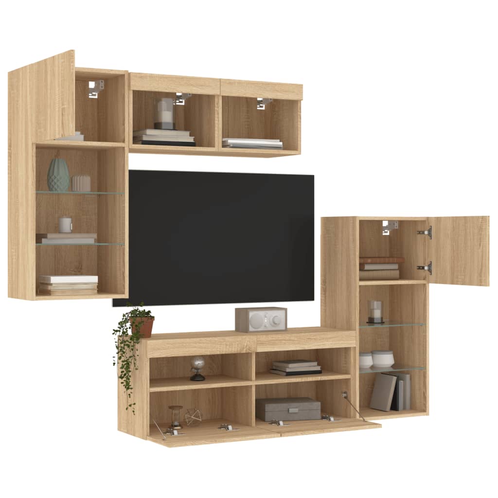 5-tlg. Wohnwand mit LED-Beleuchtung Weiß Holzwerkstoff