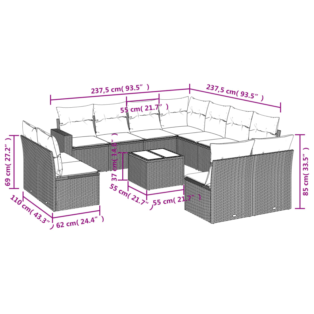 11-tlg. Garten-Sofagarnitur mit Kissen Schwarz Poly Rattan