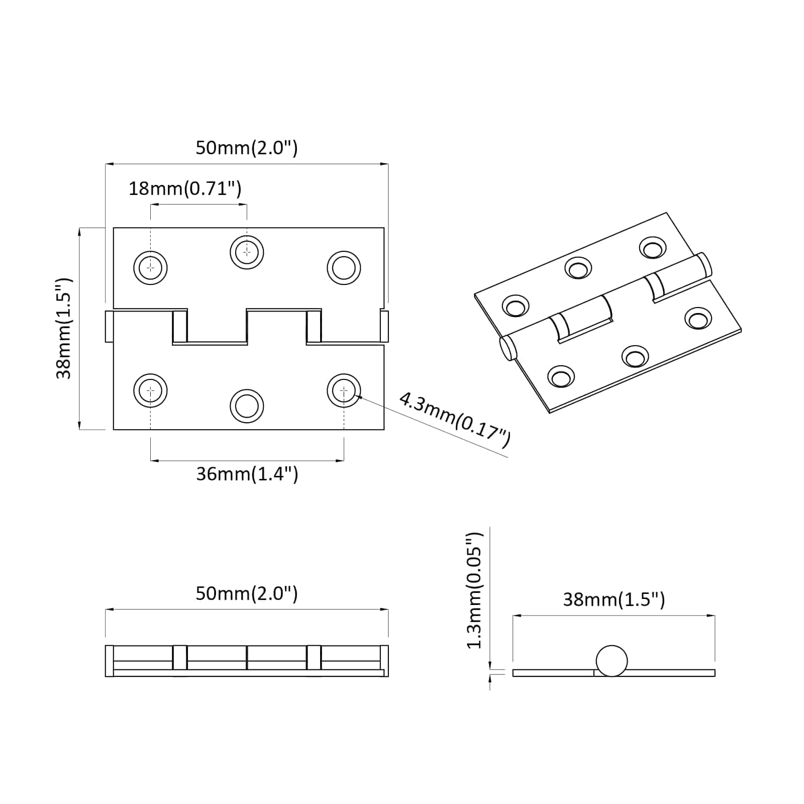 Scharnier 2 pcs Silber 50 x 38 x 1,3 mm Stahl