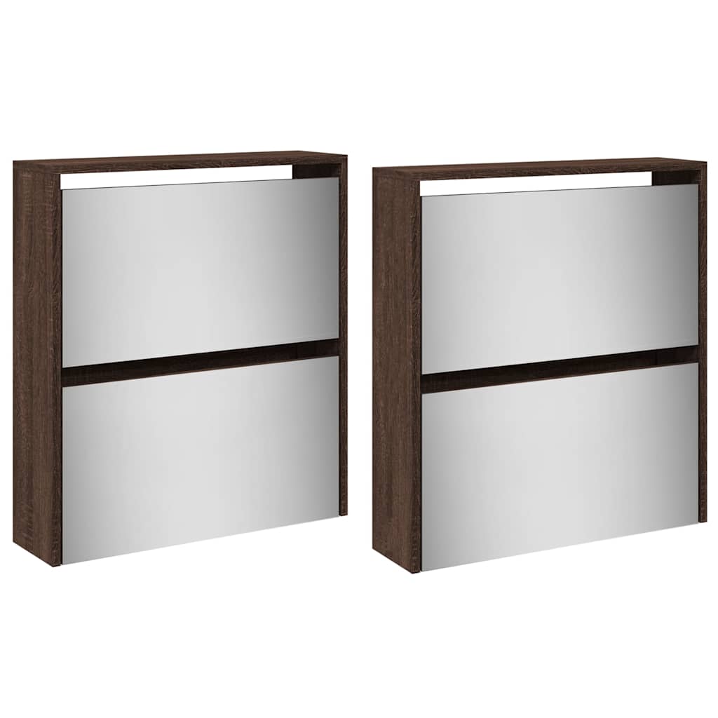 Schuhschrank mit 4 Fächern Spiegel Eiche 63×17×134 cm