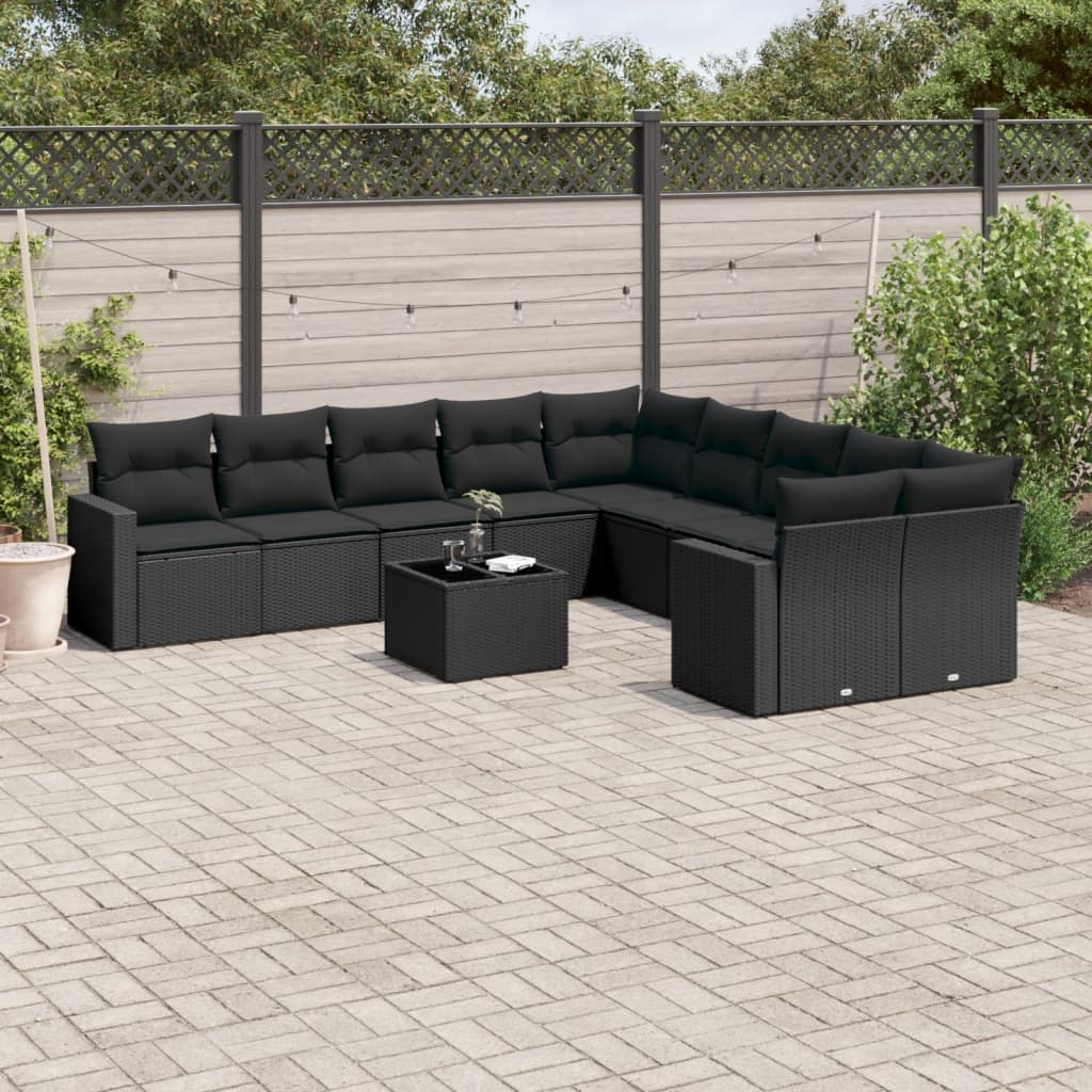 10-tlg. Garten-Sofagarnitur mit Kissen Schwarz Poly Rattan