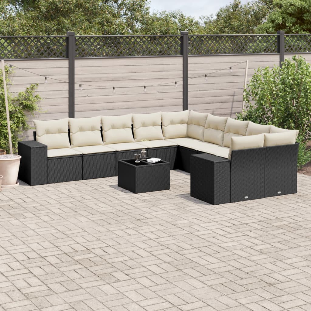 10-tlg. Garten-Sofagarnitur mit Kissen Schwarz Poly Rattan
