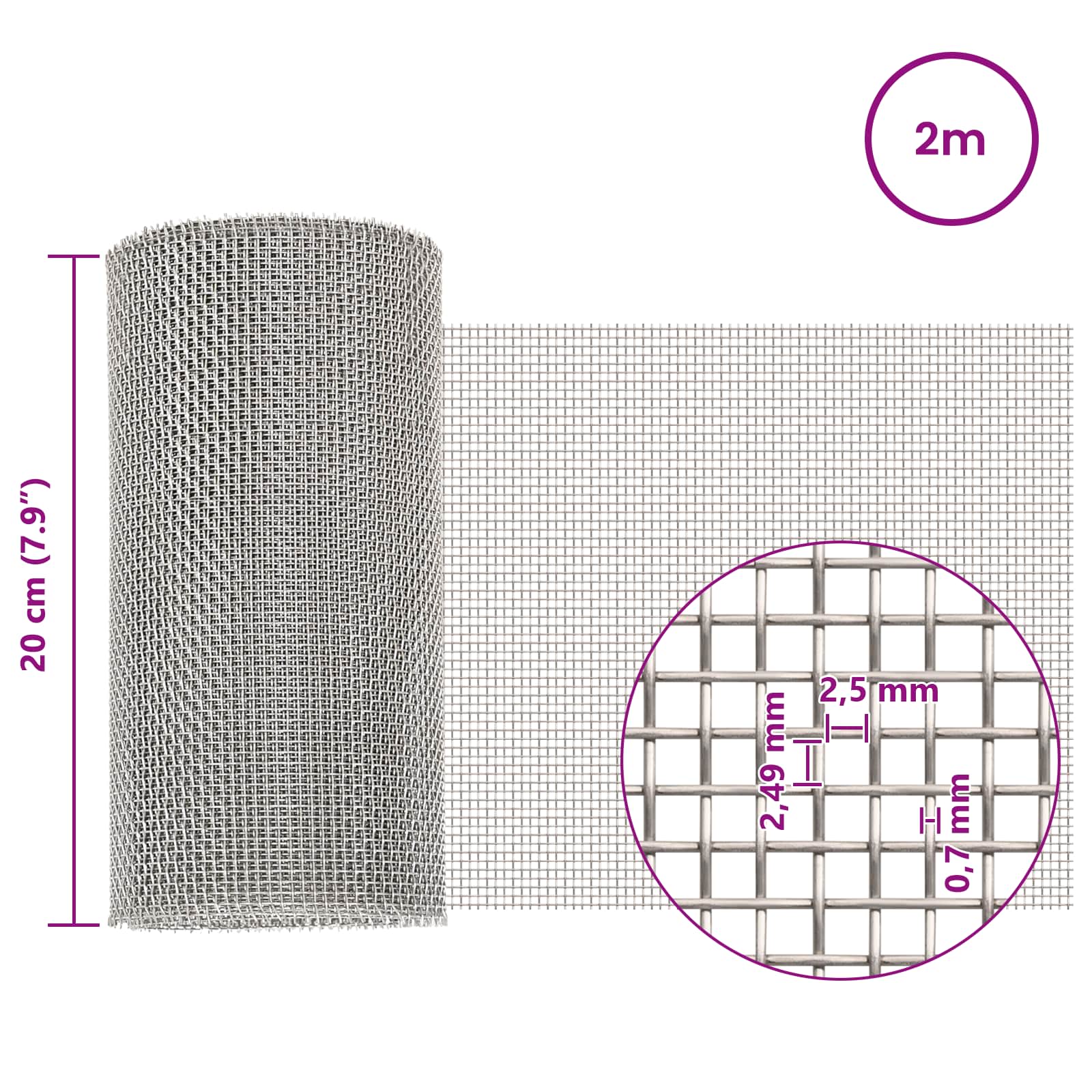 Mesh Bildschirm 20 x 500 cm 20 Mesh Edelstahl 201 Silber