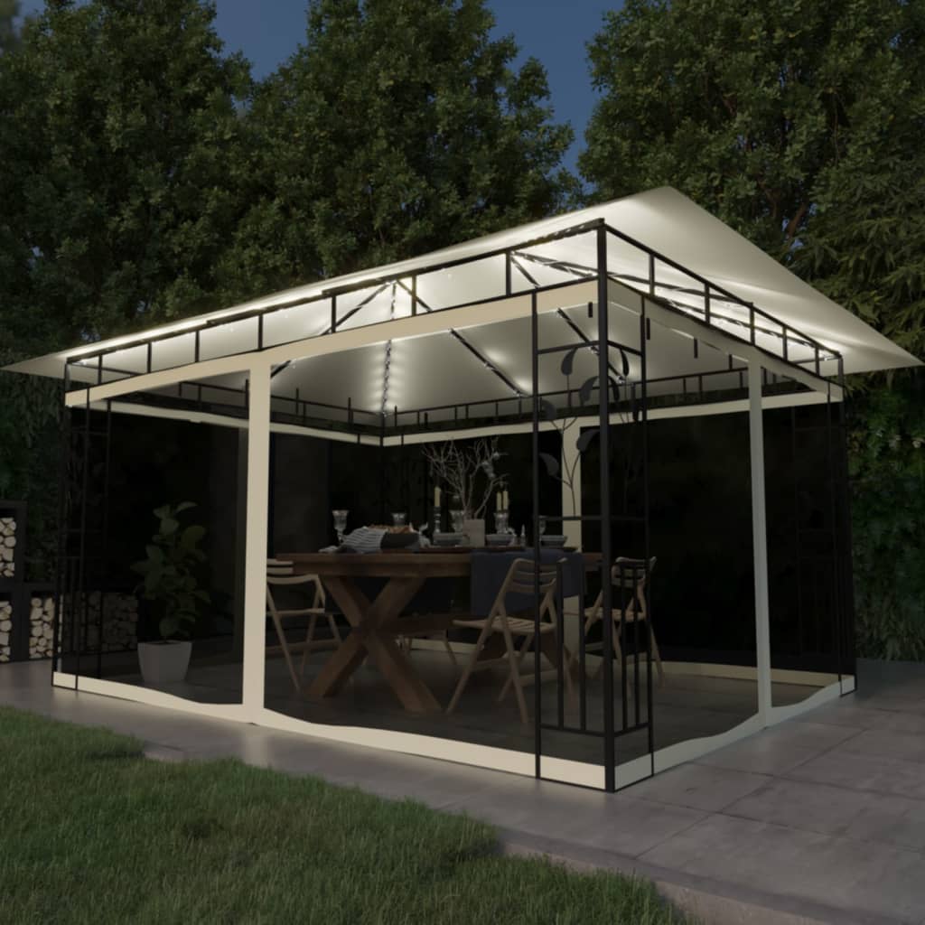 Pavillon mit Moskitonetz & LED-Lichterkette 3x3x2,73m Cremeweiß