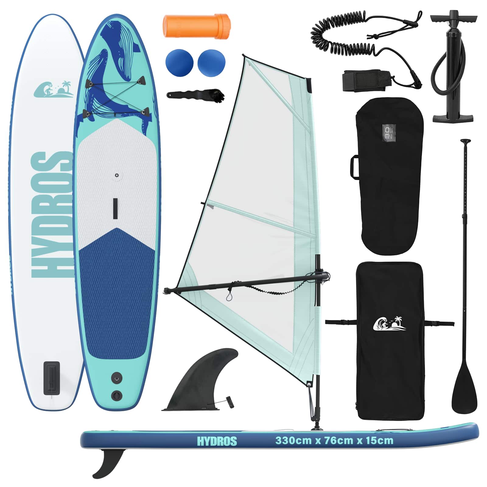 Aufblasbares SUP-Board mit Segel HYDROS 330 x 76 x 15 cm Türkis
