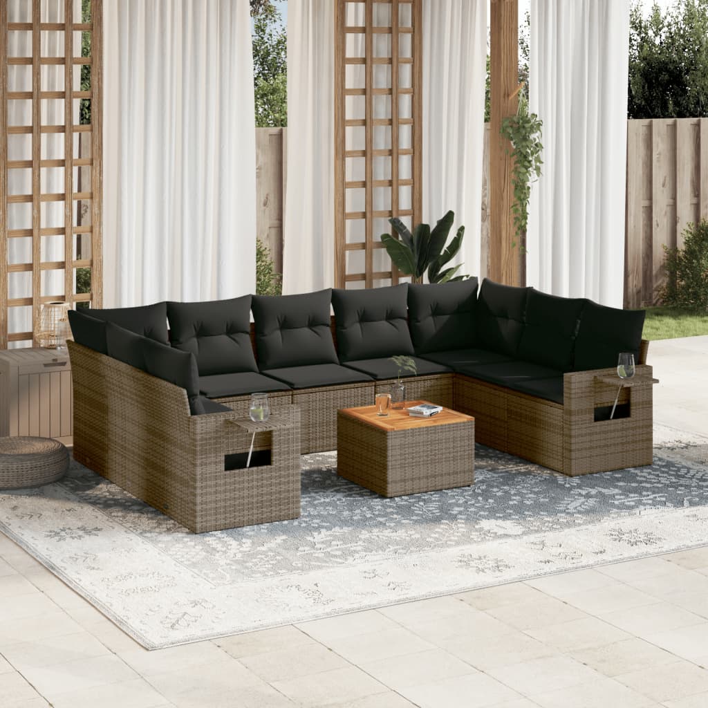 10-tlg. Garten-Sofagarnitur mit Kissen Schwarz Poly Rattan