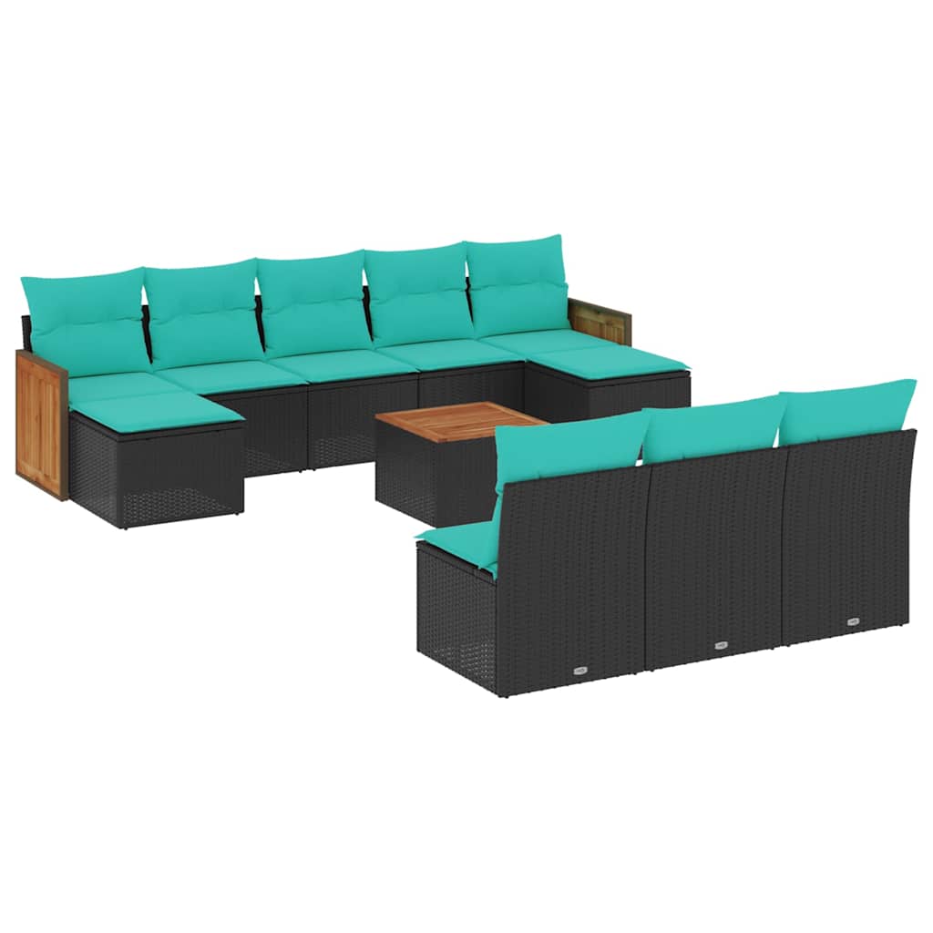10-teiliges Gartensofa-Set mit Kissen, schwarzes Polyrattan