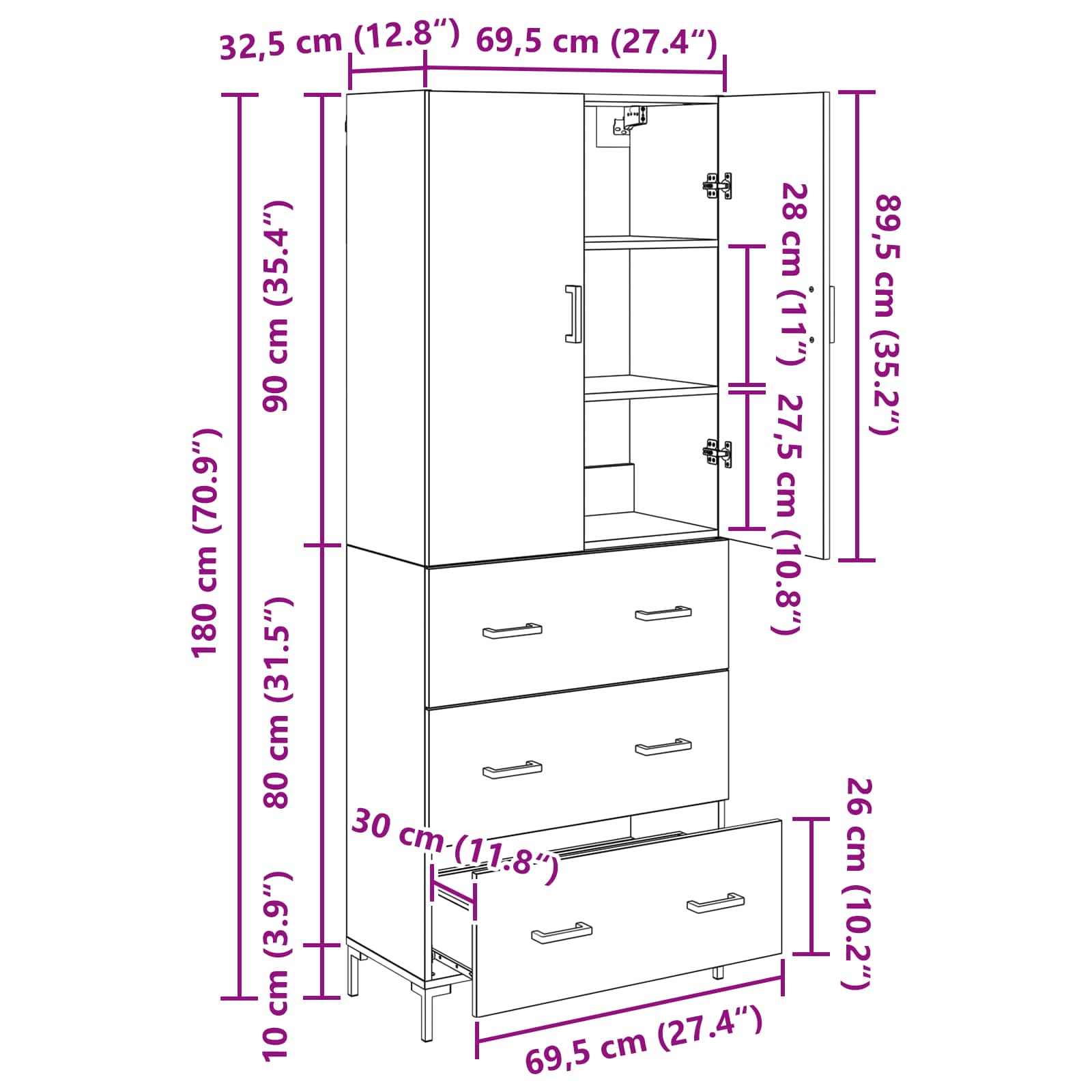 Highboard Betongrau 69,5x34x180 cm Holzwerkstoff