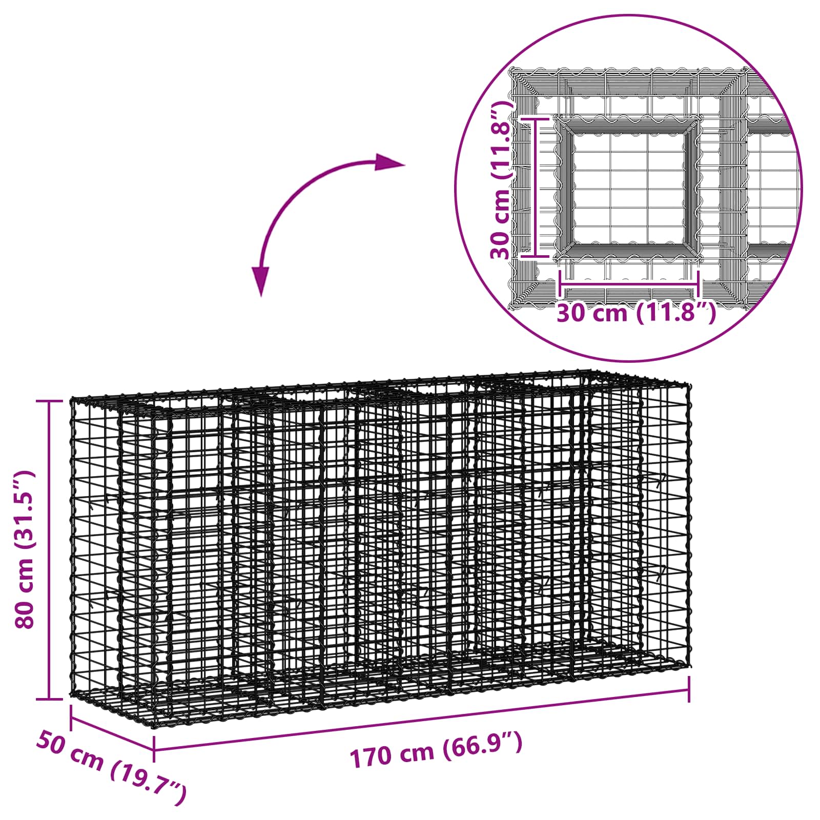 Gabionen Hochbeet 2 pcs Silber 260 x 60 x 55 cm
