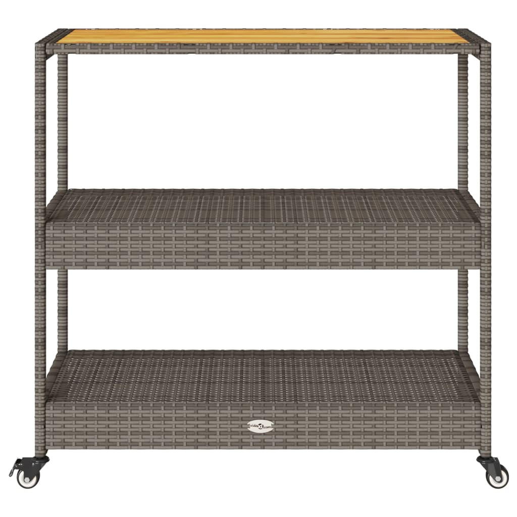 Barwagen 3 Böden Schwarz Poly Rattan und Massivholz Akazie