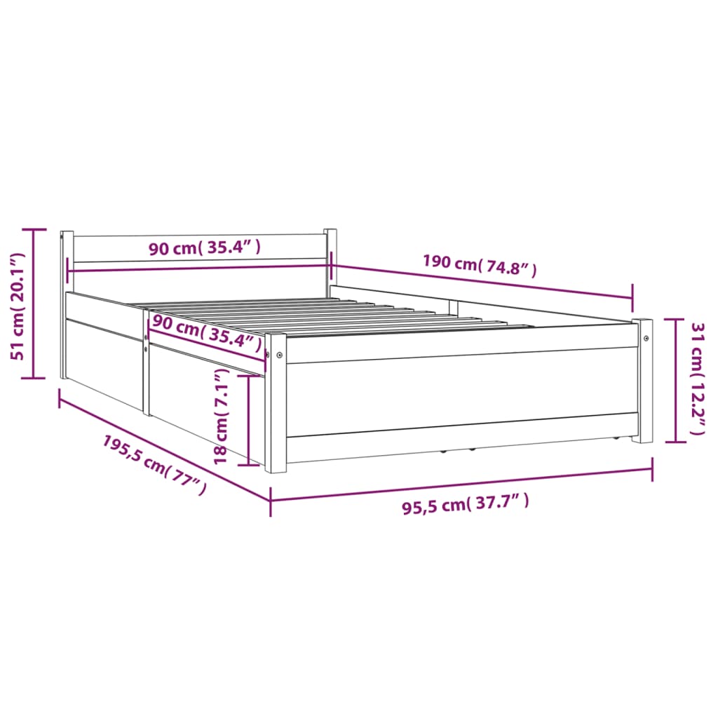 Bett mit Schubladen 75x190 cm