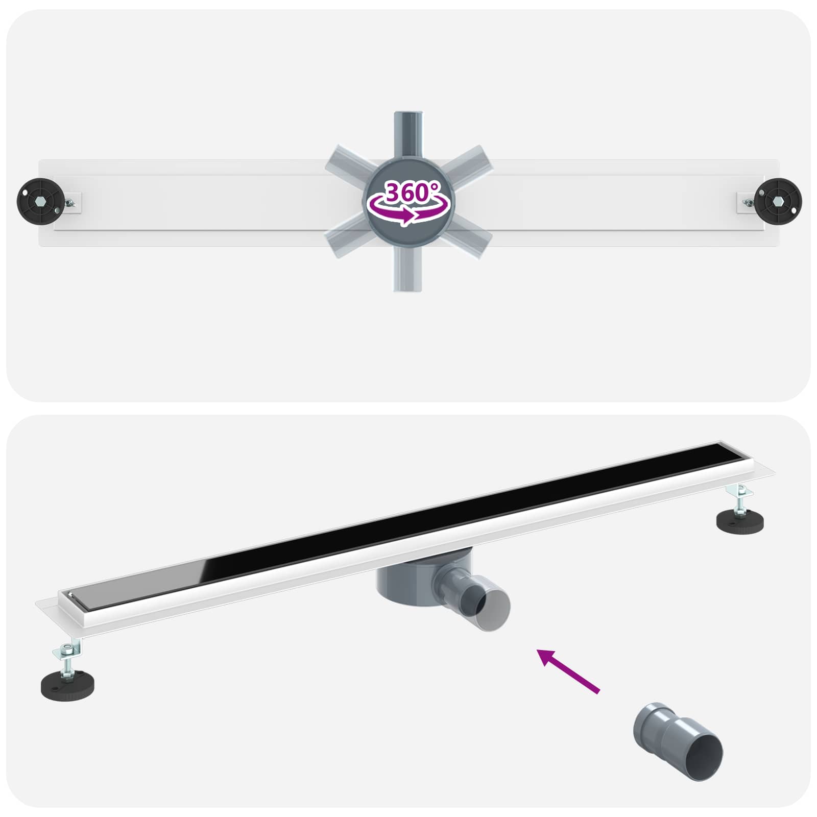 Duschabfluss mit Glashülle und 360° Siphon Schwarz 50 cm