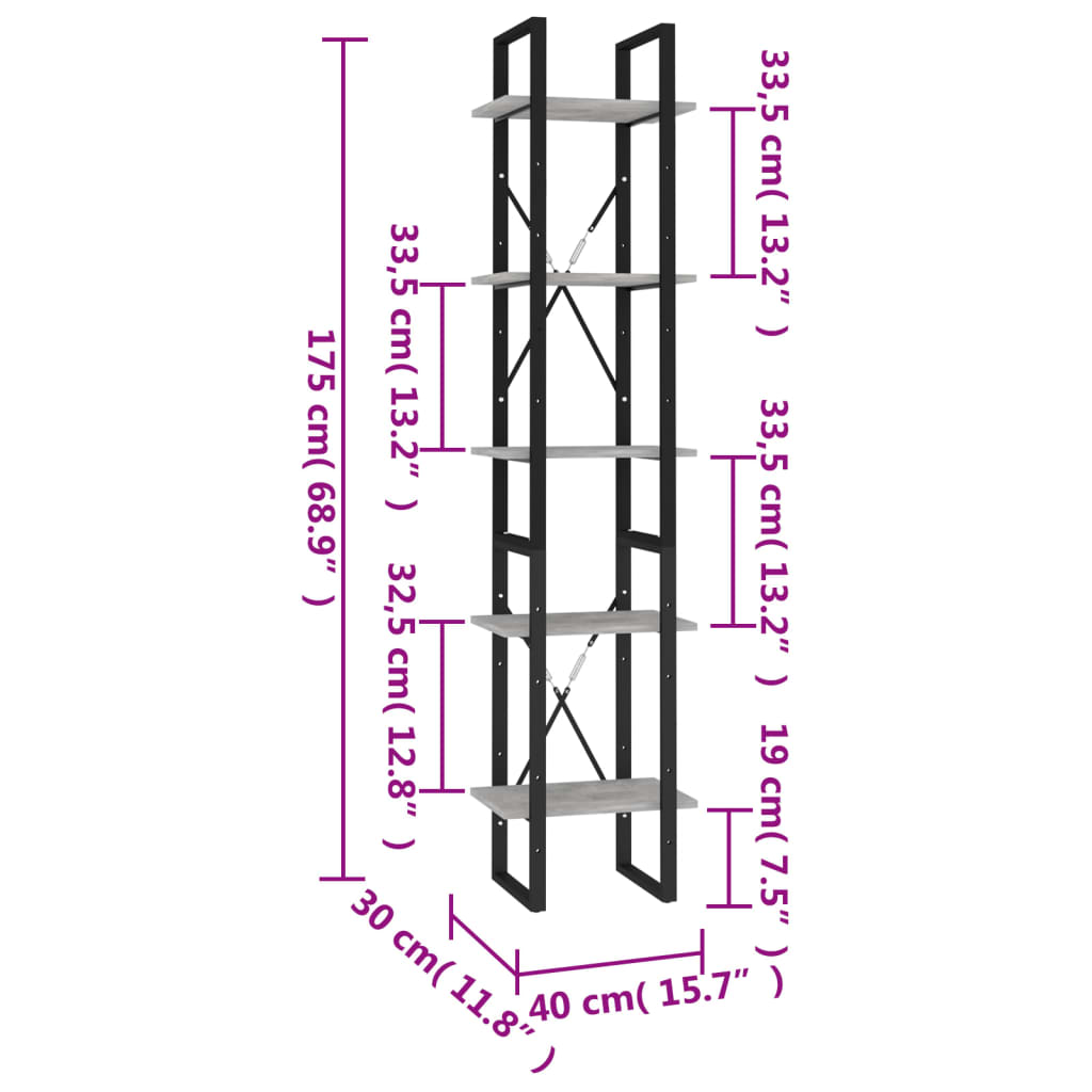 Bücherregal 5 Fächer Weiß 40x30x175 cm Holzwerkstoff