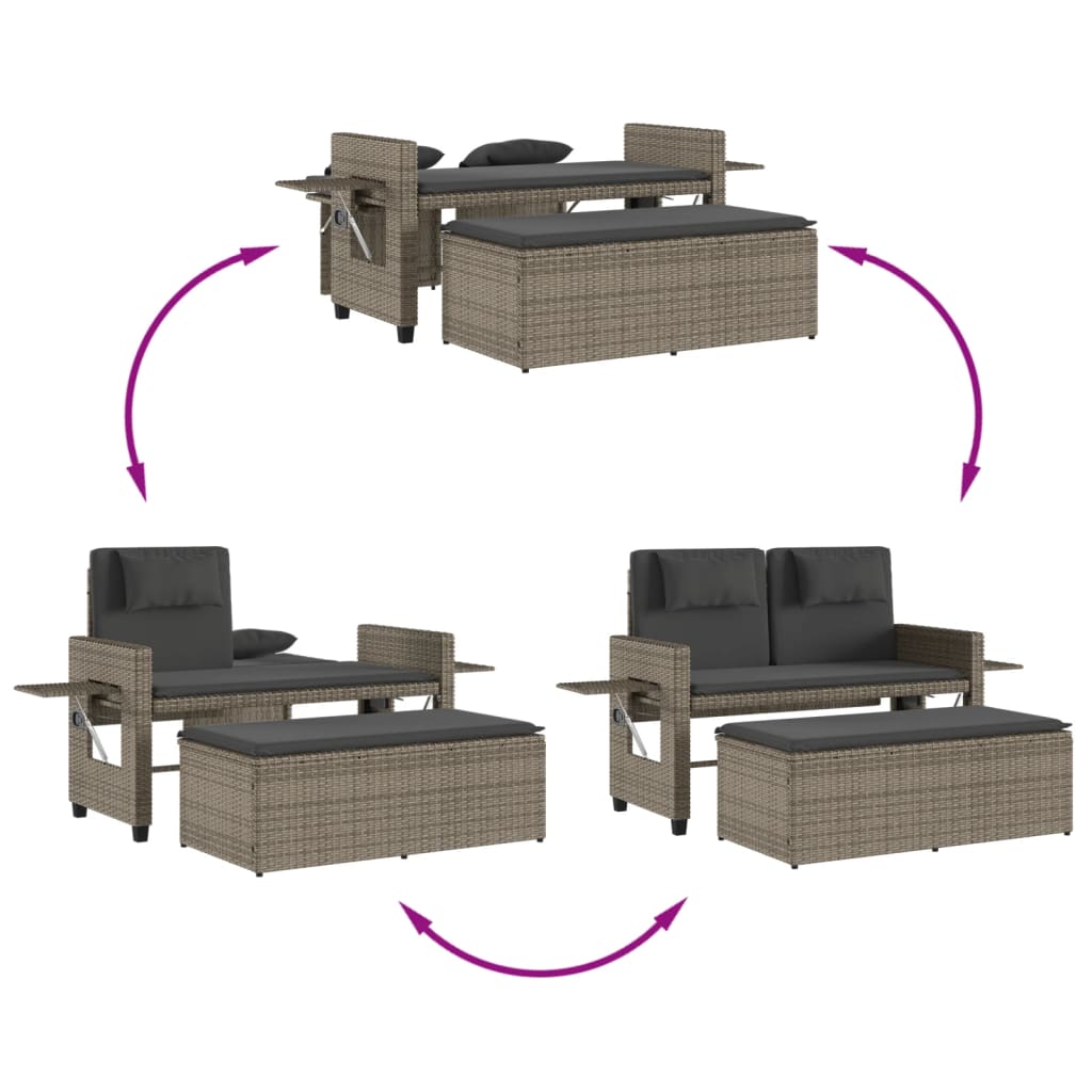 Gartenbank Verstellbar mit Kissen Schwarz Poly Rattan