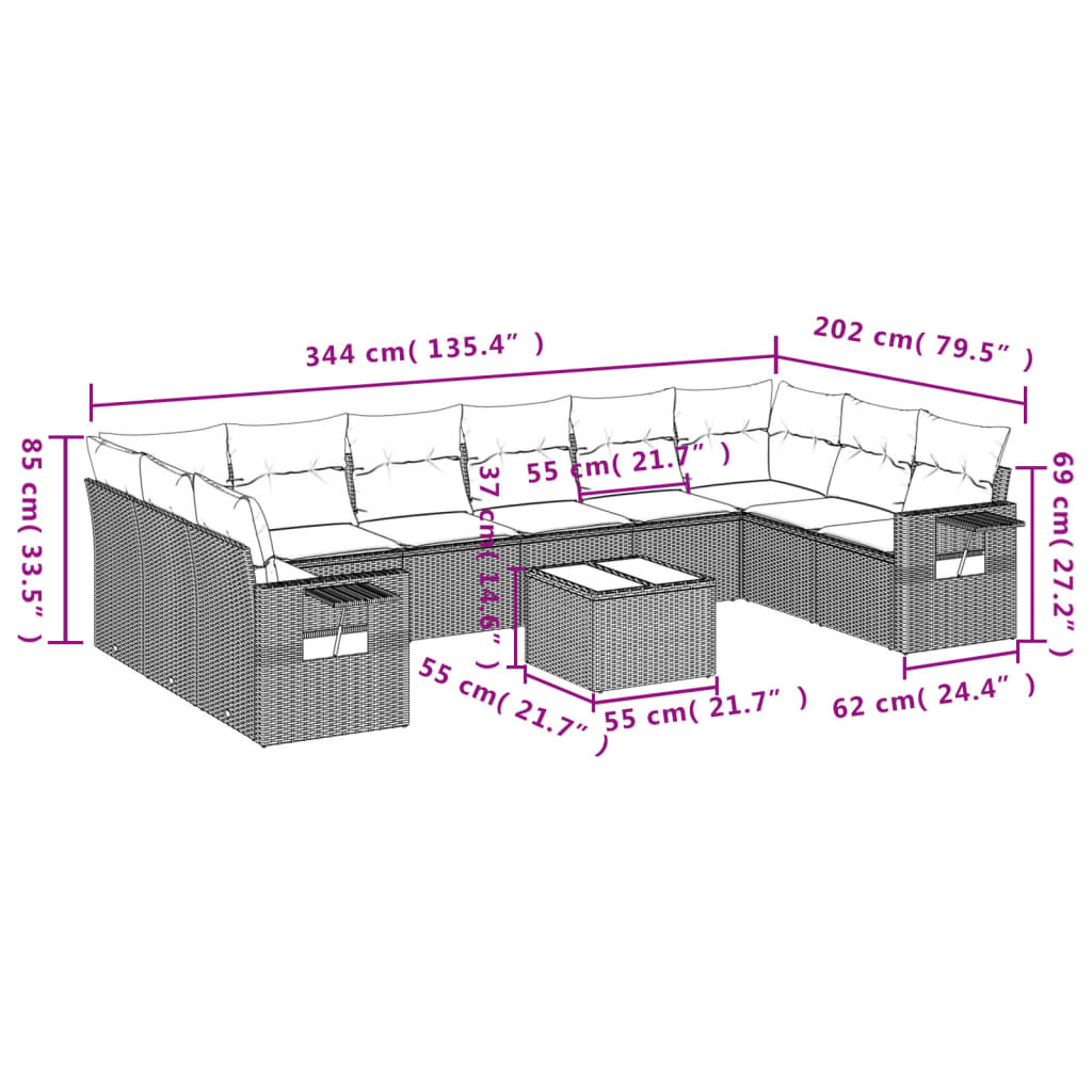 10-tlg. Garten-Sofagarnitur mit Kissen Schwarz Poly Rattan