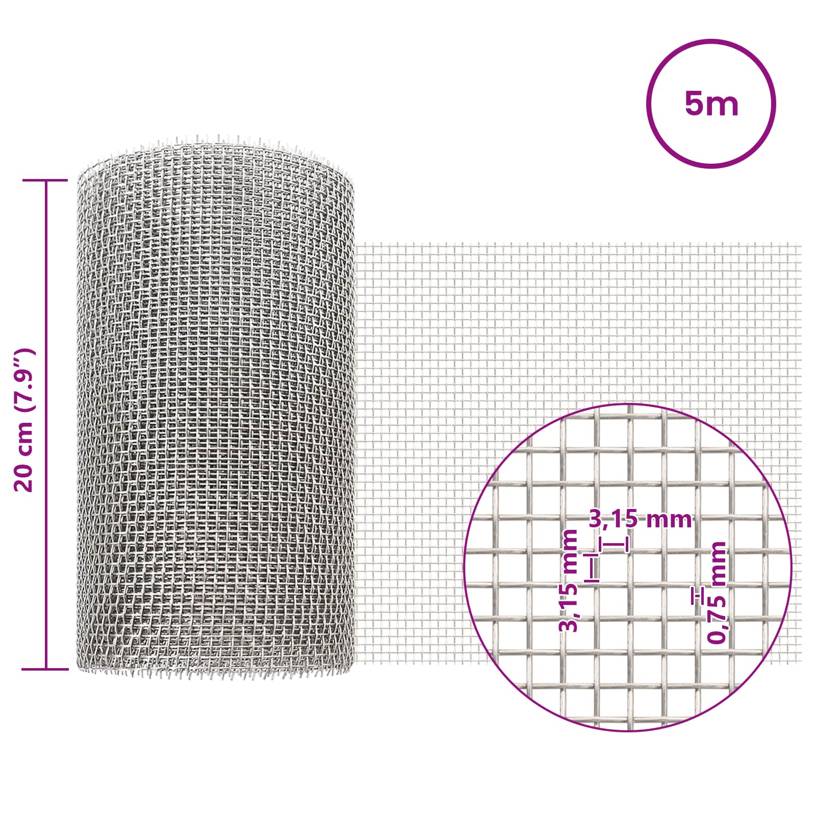 Mesh Bildschirm 20 x 500 cm 20 Mesh Edelstahl 201 Silber