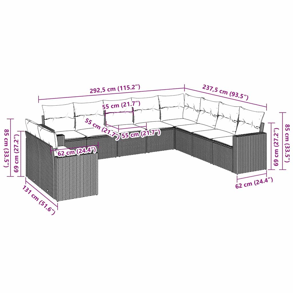 10-tlg. Garten-Sofagarnitur mit Kissen Schwarz Poly Rattan