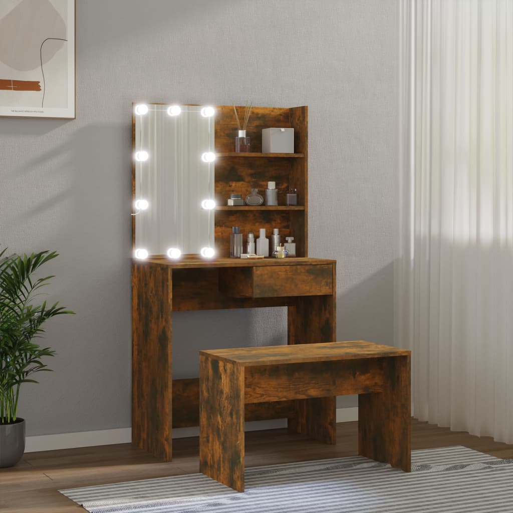 Schminktisch-Set mit LED Weiß Holzwerkstoff