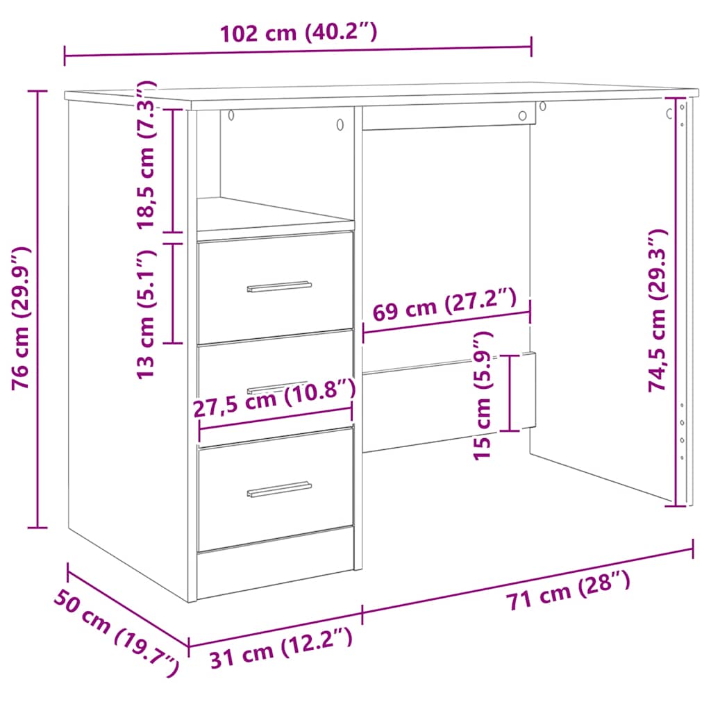 Schreibtisch mit Schubladen Weiß 102x50x76 cm Holzwerkstoff