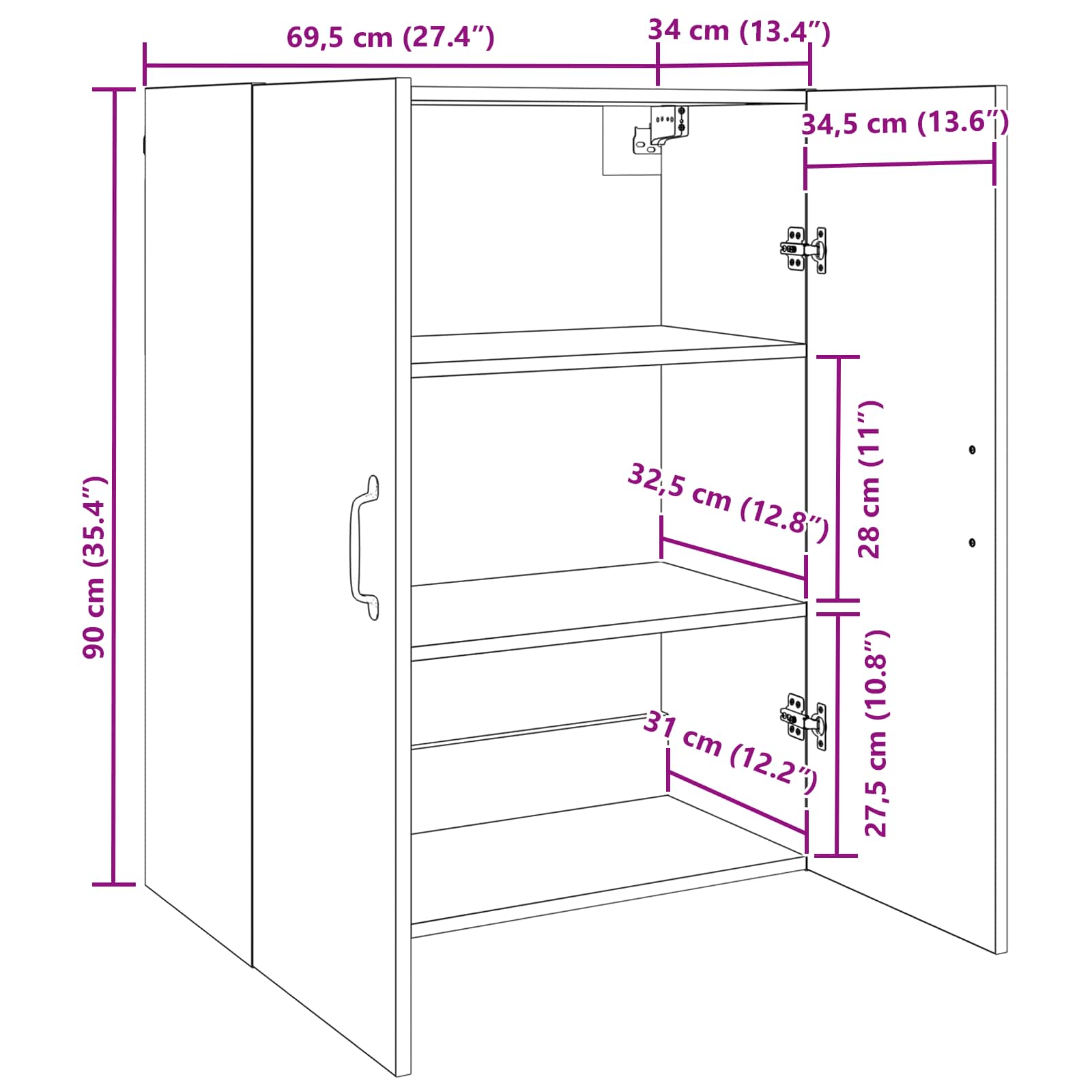 Hängeschrank Weiß 69,5x34x90 cm Holzwerkstoff